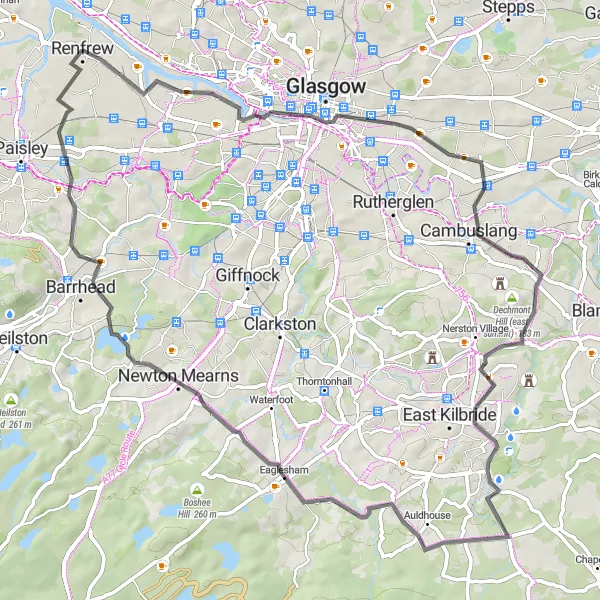 Map miniature of "Renfrew to Eaglesham Loop" cycling inspiration in West Central Scotland, United Kingdom. Generated by Tarmacs.app cycling route planner