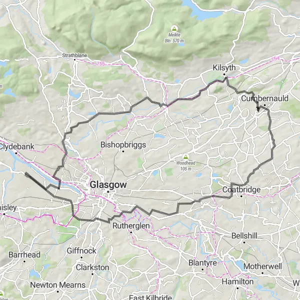 Map miniature of "Renfrew - Bar Hill - Auchinstarry - Glenmavis - Gallow hill - Bartons Hill - Tollcross - Crossmyloof Loop" cycling inspiration in West Central Scotland, United Kingdom. Generated by Tarmacs.app cycling route planner