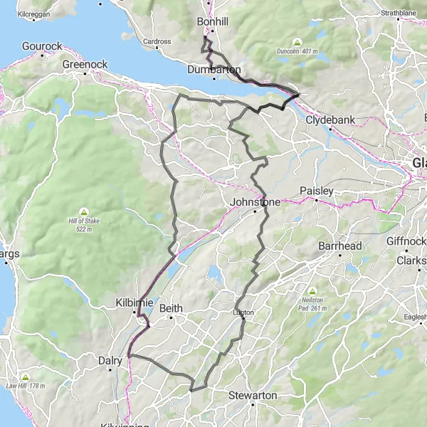 Map miniature of "Renton to Loch Lomond Loop" cycling inspiration in West Central Scotland, United Kingdom. Generated by Tarmacs.app cycling route planner