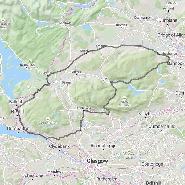 Map miniature of "Renton to Falkirk Loop" cycling inspiration in West Central Scotland, United Kingdom. Generated by Tarmacs.app cycling route planner
