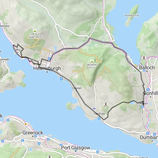 Map miniature of "Cardross and Rhu Circuit" cycling inspiration in West Central Scotland, United Kingdom. Generated by Tarmacs.app cycling route planner