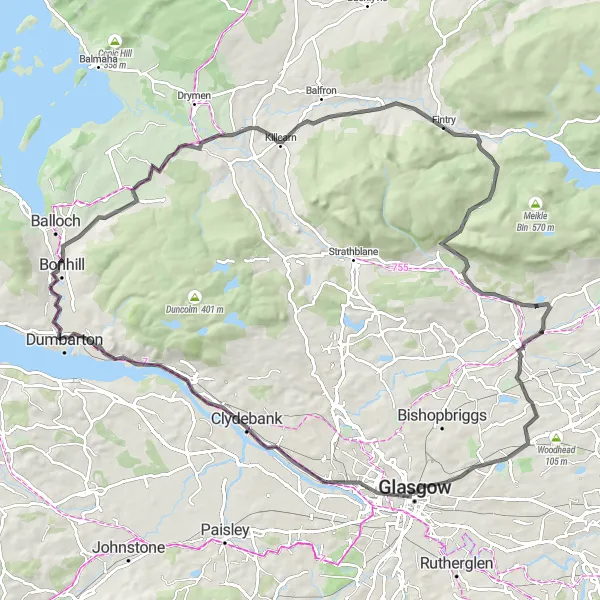 Map miniature of "Renton Loop" cycling inspiration in West Central Scotland, United Kingdom. Generated by Tarmacs.app cycling route planner