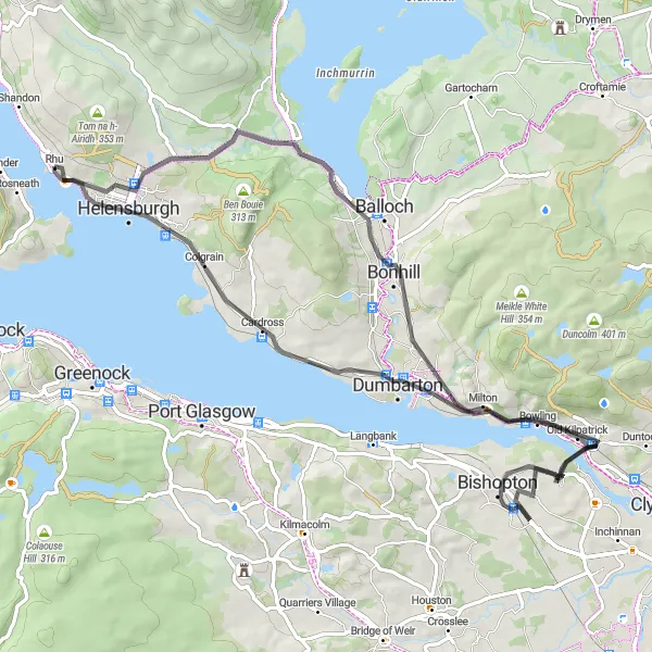 Map miniature of "The Alexandria Circuit" cycling inspiration in West Central Scotland, United Kingdom. Generated by Tarmacs.app cycling route planner