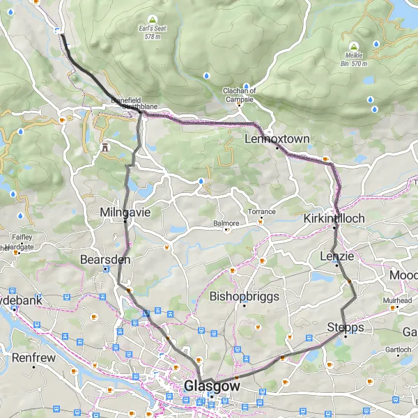 Map miniature of "Stepps to Mugdock Loop" cycling inspiration in West Central Scotland, United Kingdom. Generated by Tarmacs.app cycling route planner