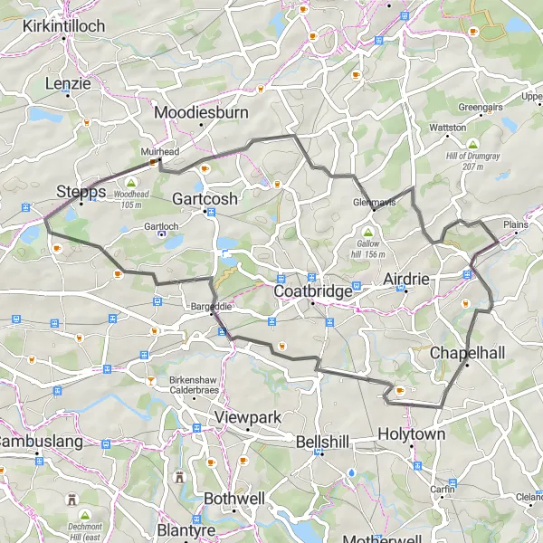 Map miniature of "Glenmavis and Chapelhall Road Loop" cycling inspiration in West Central Scotland, United Kingdom. Generated by Tarmacs.app cycling route planner