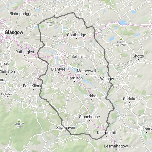 Map miniature of "Woodhead and Strathaven Extended Road Loop" cycling inspiration in West Central Scotland, United Kingdom. Generated by Tarmacs.app cycling route planner