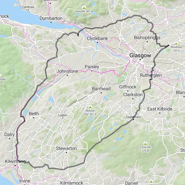 Map miniature of "Stepps Challenge via The Tur and Rushy Hill" cycling inspiration in West Central Scotland, United Kingdom. Generated by Tarmacs.app cycling route planner