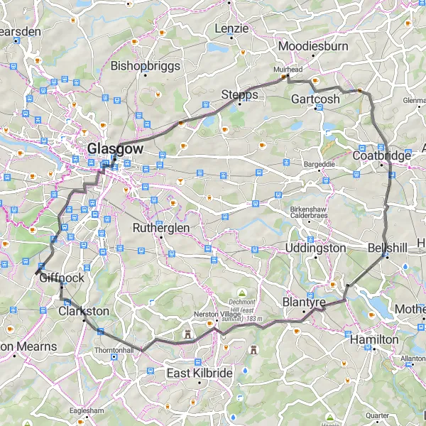 Map miniature of "Exploring Thornliebank Surroundings" cycling inspiration in West Central Scotland, United Kingdom. Generated by Tarmacs.app cycling route planner