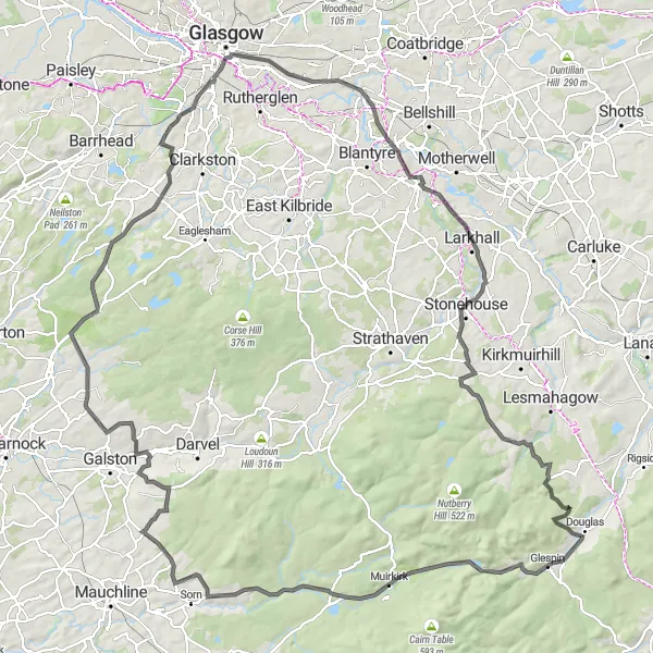 Map miniature of "Challenging Adventure through Thornliebank and Beyond" cycling inspiration in West Central Scotland, United Kingdom. Generated by Tarmacs.app cycling route planner