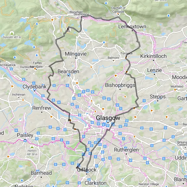 Map miniature of "Thornliebank and Surroundings" cycling inspiration in West Central Scotland, United Kingdom. Generated by Tarmacs.app cycling route planner