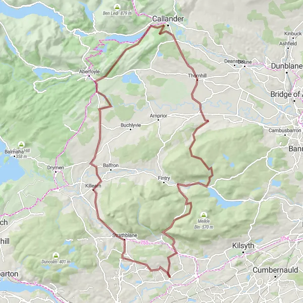 Map miniature of "Gravel Adventure to Lennoxtown" cycling inspiration in West Central Scotland, United Kingdom. Generated by Tarmacs.app cycling route planner