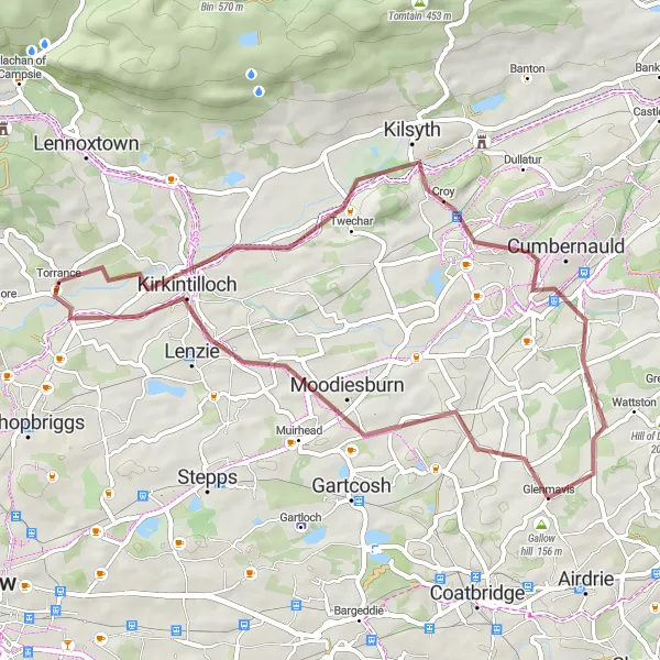 Map miniature of "Gravel Adventure in Torrance" cycling inspiration in West Central Scotland, United Kingdom. Generated by Tarmacs.app cycling route planner