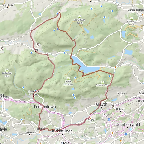 Map miniature of "The Lennoxtown Adventure" cycling inspiration in West Central Scotland, United Kingdom. Generated by Tarmacs.app cycling route planner