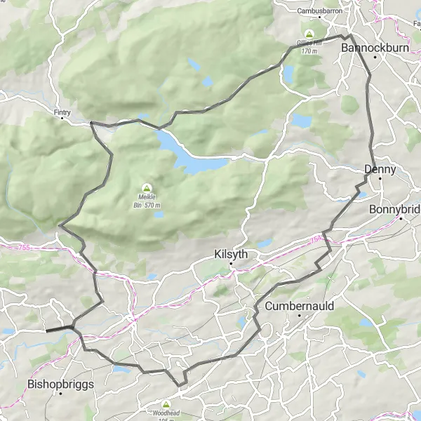 Map miniature of "Loup of Fintry Road Route" cycling inspiration in West Central Scotland, United Kingdom. Generated by Tarmacs.app cycling route planner