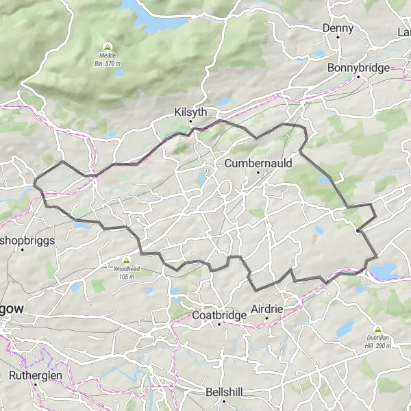 Map miniature of "Kirkintilloch Circular Road Route" cycling inspiration in West Central Scotland, United Kingdom. Generated by Tarmacs.app cycling route planner
