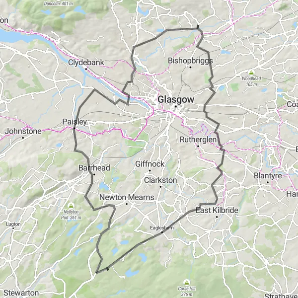 Map miniature of "Rushy Hill and Barrhead Road Loop" cycling inspiration in West Central Scotland, United Kingdom. Generated by Tarmacs.app cycling route planner