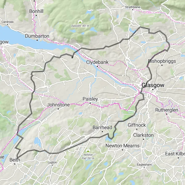 Map miniature of "The Torrance Loop" cycling inspiration in West Central Scotland, United Kingdom. Generated by Tarmacs.app cycling route planner