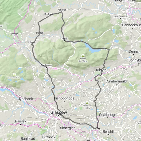 Map miniature of "The Highland Explorer" cycling inspiration in West Central Scotland, United Kingdom. Generated by Tarmacs.app cycling route planner