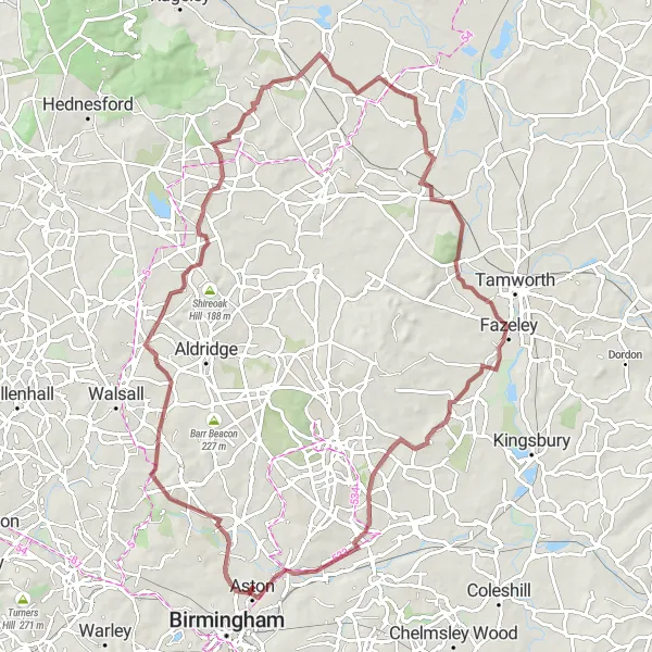 Map miniature of "Challenging Gravel Expedition near Aston" cycling inspiration in West Midlands, United Kingdom. Generated by Tarmacs.app cycling route planner