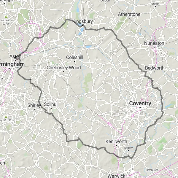 Map miniature of "Aston and Leek Wootton Road Challenge" cycling inspiration in West Midlands, United Kingdom. Generated by Tarmacs.app cycling route planner