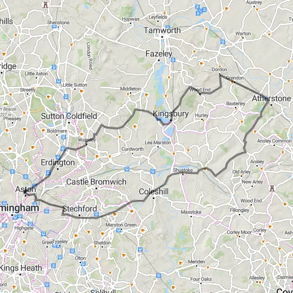 Map miniature of "Serene Road Ride to Wood End" cycling inspiration in West Midlands, United Kingdom. Generated by Tarmacs.app cycling route planner