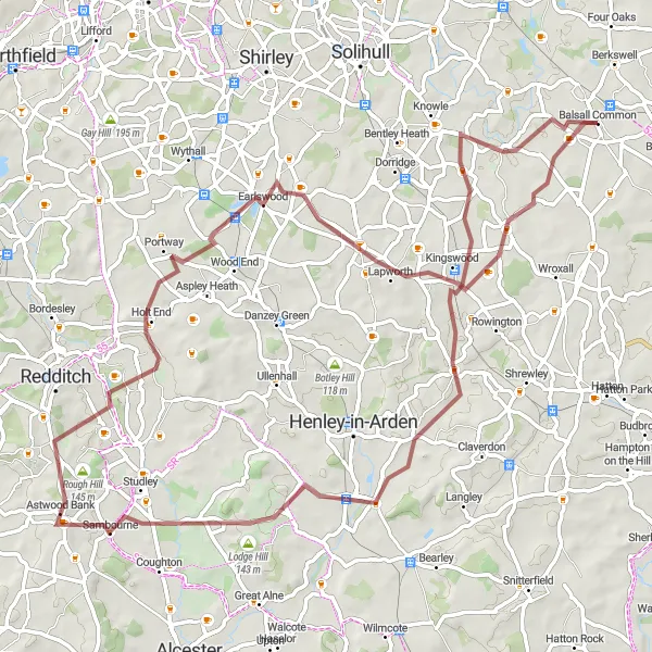 Map miniature of "Balsall Common to Balsall Common Extended Gravel Route" cycling inspiration in West Midlands, United Kingdom. Generated by Tarmacs.app cycling route planner