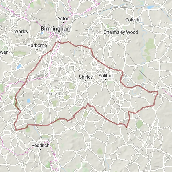 Map miniature of "Balsall Common to Hockley Heath Gravel Route" cycling inspiration in West Midlands, United Kingdom. Generated by Tarmacs.app cycling route planner
