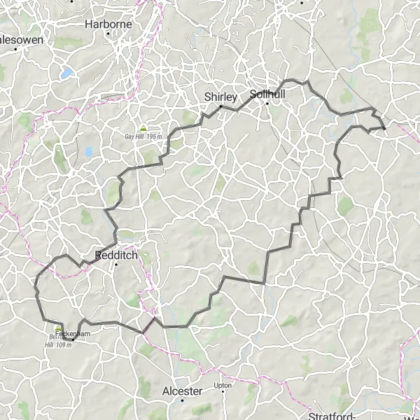 Map miniature of "Balsall Common to Redditch Road Route" cycling inspiration in West Midlands, United Kingdom. Generated by Tarmacs.app cycling route planner