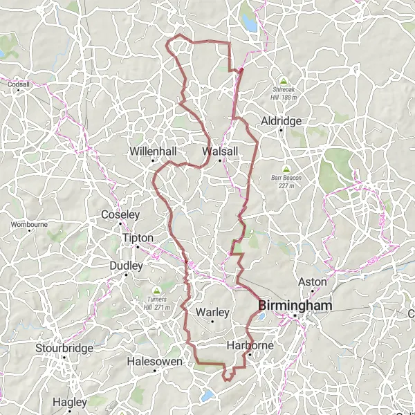 Map miniature of "Unexpected Wilderness" cycling inspiration in West Midlands, United Kingdom. Generated by Tarmacs.app cycling route planner