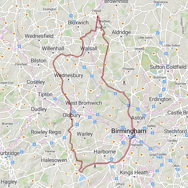 Map miniature of "Oldbury Gravel Adventure" cycling inspiration in West Midlands, United Kingdom. Generated by Tarmacs.app cycling route planner