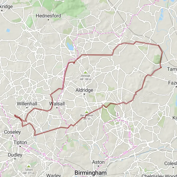 Map miniature of "The Countryside Gravel" cycling inspiration in West Midlands, United Kingdom. Generated by Tarmacs.app cycling route planner