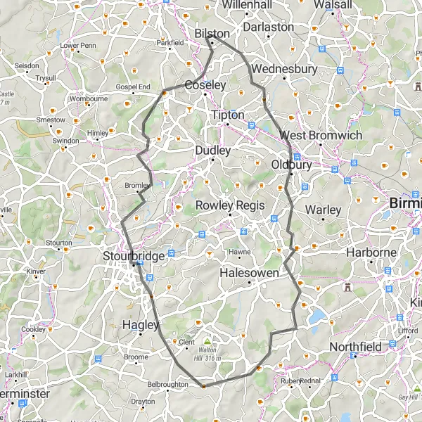 Map miniature of "Scenic road cycling route near Stourbridge" cycling inspiration in West Midlands, United Kingdom. Generated by Tarmacs.app cycling route planner