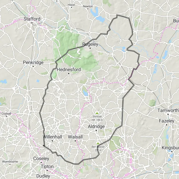Map miniature of "The Wednesfield Loop" cycling inspiration in West Midlands, United Kingdom. Generated by Tarmacs.app cycling route planner