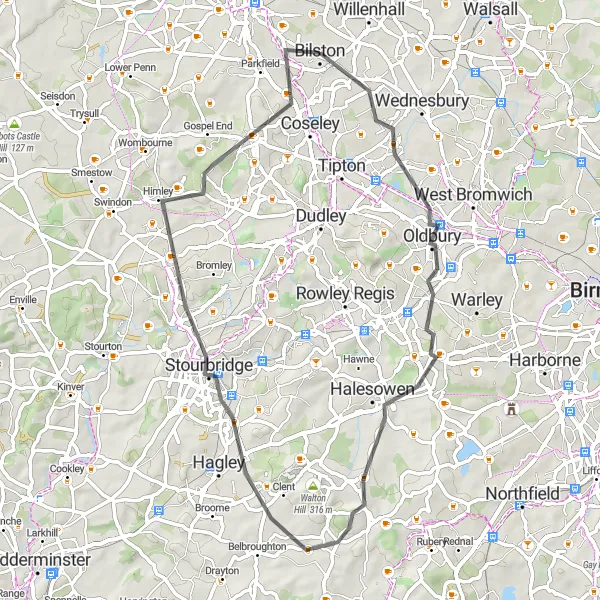 Map miniature of "Challenging road cycling route through Halesowen" cycling inspiration in West Midlands, United Kingdom. Generated by Tarmacs.app cycling route planner