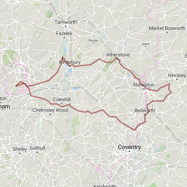Map miniature of "Discover Nuneaton Gravel Trail" cycling inspiration in West Midlands, United Kingdom. Generated by Tarmacs.app cycling route planner