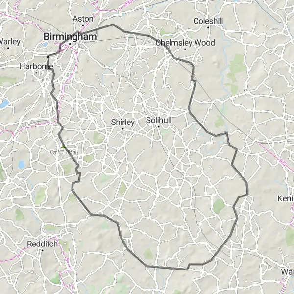 Map miniature of "Birmingham to Henley-in-Arden Road Route" cycling inspiration in West Midlands, United Kingdom. Generated by Tarmacs.app cycling route planner