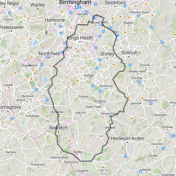 Map miniature of "The Redditch Loop" cycling inspiration in West Midlands, United Kingdom. Generated by Tarmacs.app cycling route planner