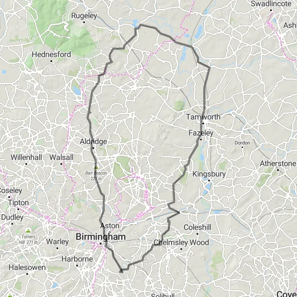 Map miniature of "The Birmingham Explorer" cycling inspiration in West Midlands, United Kingdom. Generated by Tarmacs.app cycling route planner