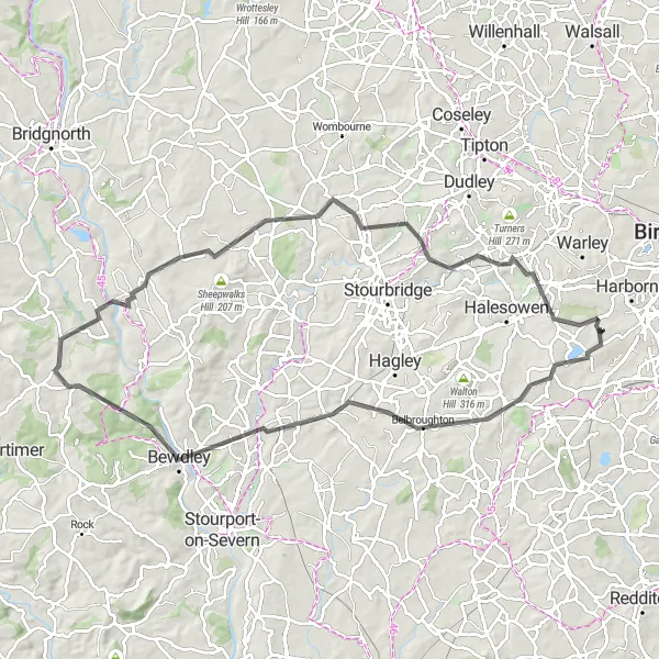 Map miniature of "The Hills and Valleys" cycling inspiration in West Midlands, United Kingdom. Generated by Tarmacs.app cycling route planner