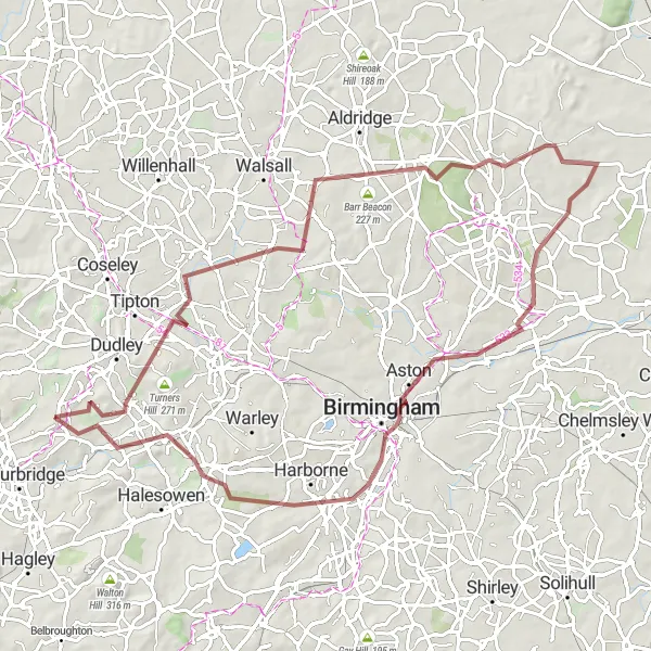 Map miniature of "West Midlands Gravel Adventure" cycling inspiration in West Midlands, United Kingdom. Generated by Tarmacs.app cycling route planner