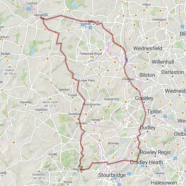 Map miniature of "Gravel Adventure to Albrighton" cycling inspiration in West Midlands, United Kingdom. Generated by Tarmacs.app cycling route planner