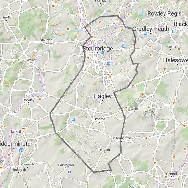 Map miniature of "Picturesque Drop" cycling inspiration in West Midlands, United Kingdom. Generated by Tarmacs.app cycling route planner