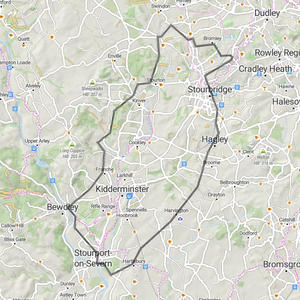 Map miniature of "Scenic Countryside Ride from Brierley Hill" cycling inspiration in West Midlands, United Kingdom. Generated by Tarmacs.app cycling route planner