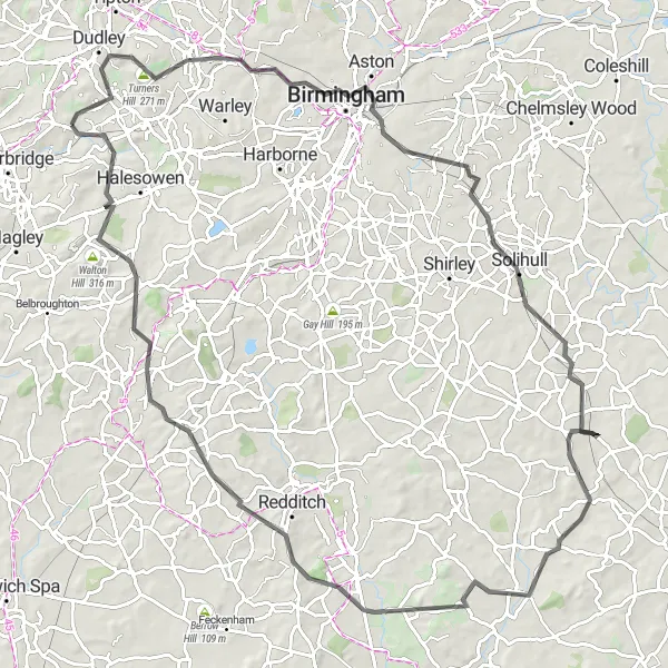 Map miniature of "Brierley Hill to the Hills" cycling inspiration in West Midlands, United Kingdom. Generated by Tarmacs.app cycling route planner