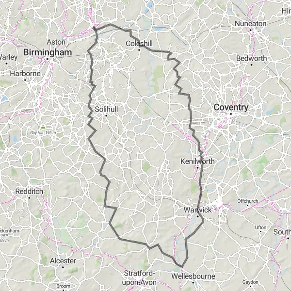 Map miniature of "Warwickshire Countryside Loop" cycling inspiration in West Midlands, United Kingdom. Generated by Tarmacs.app cycling route planner