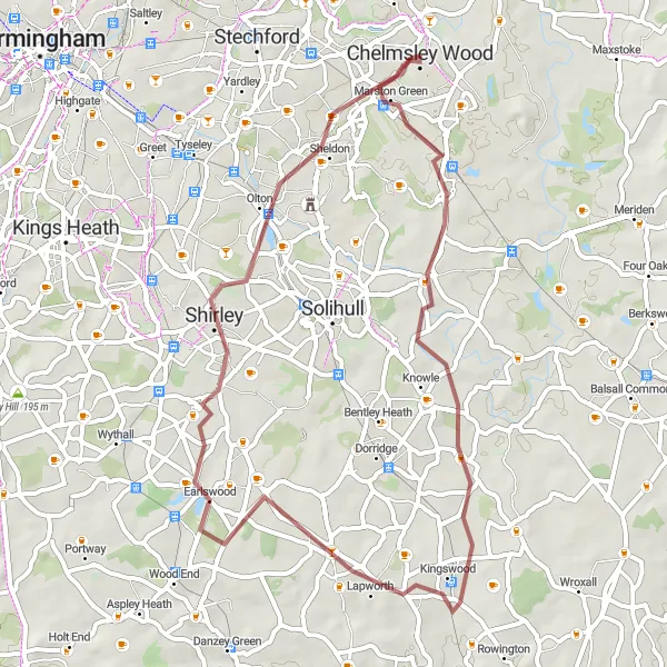 Map miniature of "Marston Green and Beyond" cycling inspiration in West Midlands, United Kingdom. Generated by Tarmacs.app cycling route planner