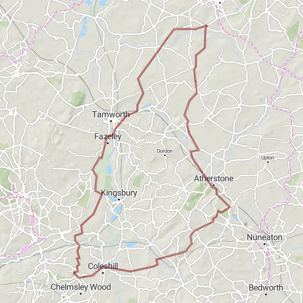 Map miniature of "Countryside Gravel Adventure" cycling inspiration in West Midlands, United Kingdom. Generated by Tarmacs.app cycling route planner