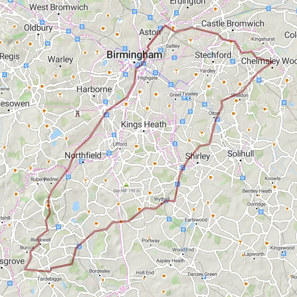 Map miniature of "Wythall and Alvechurch Gravel Loop" cycling inspiration in West Midlands, United Kingdom. Generated by Tarmacs.app cycling route planner