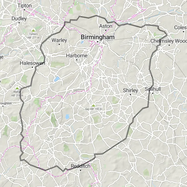 Map miniature of "Solihull and Redditch Loop" cycling inspiration in West Midlands, United Kingdom. Generated by Tarmacs.app cycling route planner