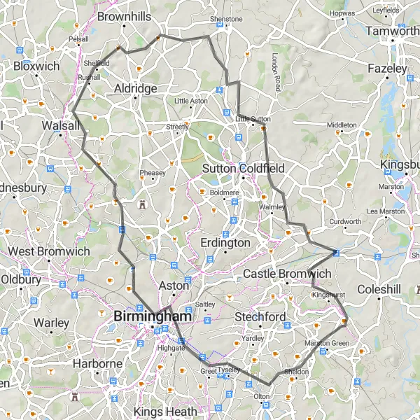 Map miniature of "Birmingham and Walsall Adventurer" cycling inspiration in West Midlands, United Kingdom. Generated by Tarmacs.app cycling route planner